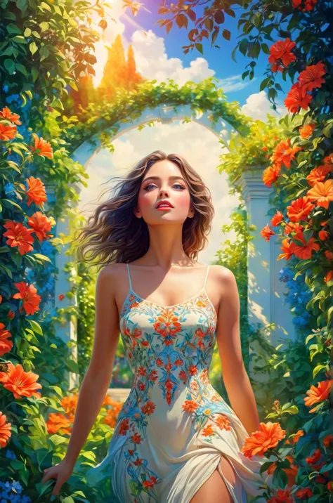 a beautiful girl in a lush garden, vibrant blue sky, red and orange flowers, detailed face and eyes, volumetric lighting, intric...