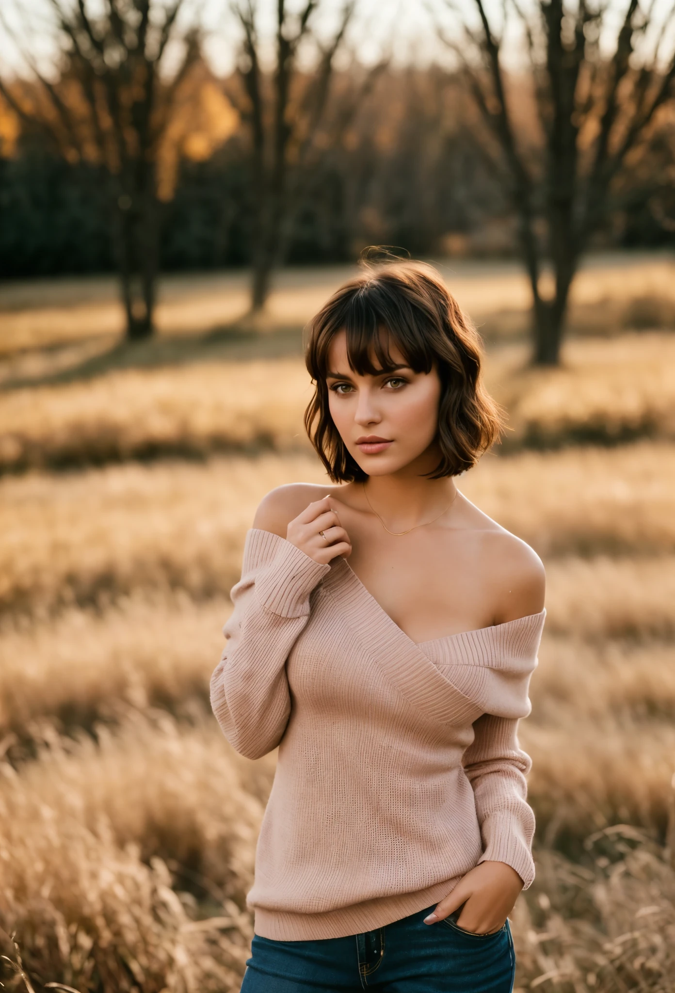 35mm film, one sexy girl, supermodel, shiny skin, short hair, bangs, prefect face, makeup, blush, parted lips, big , cleavage, thin waist, off shoulder sweater, oversize sweater, long sleeves, (looking at viewer), field grass, maple trees, golden hour, film grain, (upper body), epiCPhoto, 
