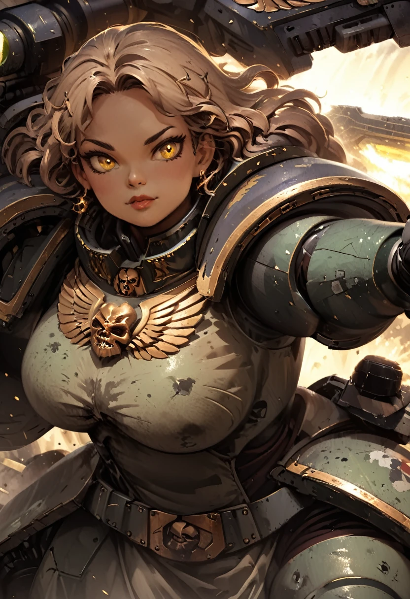 detailed illustration (side view),dynamic angle,ultra-detailed, illustration, pose for the camera, anime, clean line art, shading, woman, Big strong woman, wearing power armor, hand outstretched towards camera, fighting, rescuing viewer, motherly, milf, thick, power armor, Warhammer 40k imperium, female space marine,