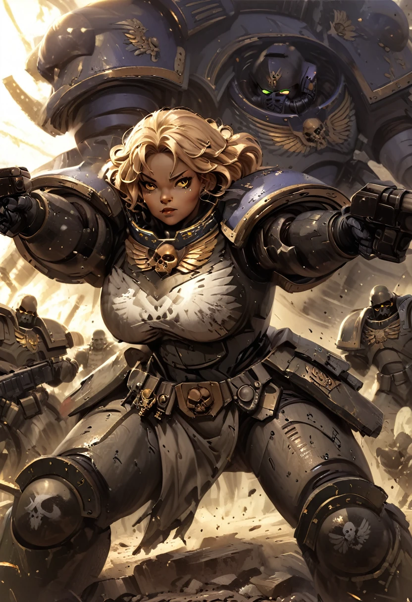 detailed illustration (side view),dynamic angle,ultra-detailed, illustration, pose for the camera, anime, clean line art, shading, woman, Big strong woman, wearing power armor, hand outstretched towards camera, fighting, rescuing viewer, motherly, milf, thick, power armor, Warhammer 40k imperium, female space marine,