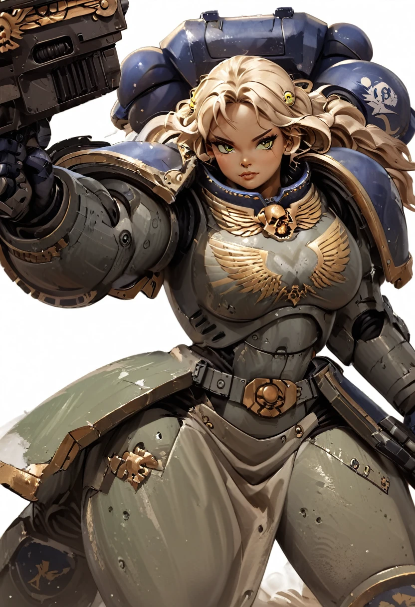 detailed illustration (side view),dynamic angle,ultra-detailed, illustration, pose for the camera, anime, clean line art, shading, woman, Big strong woman, wearing power armor, hand outstretched towards camera, fighting, rescuing viewer, motherly, milf, thick, power armor, Warhammer 40k imperium, female space marine,