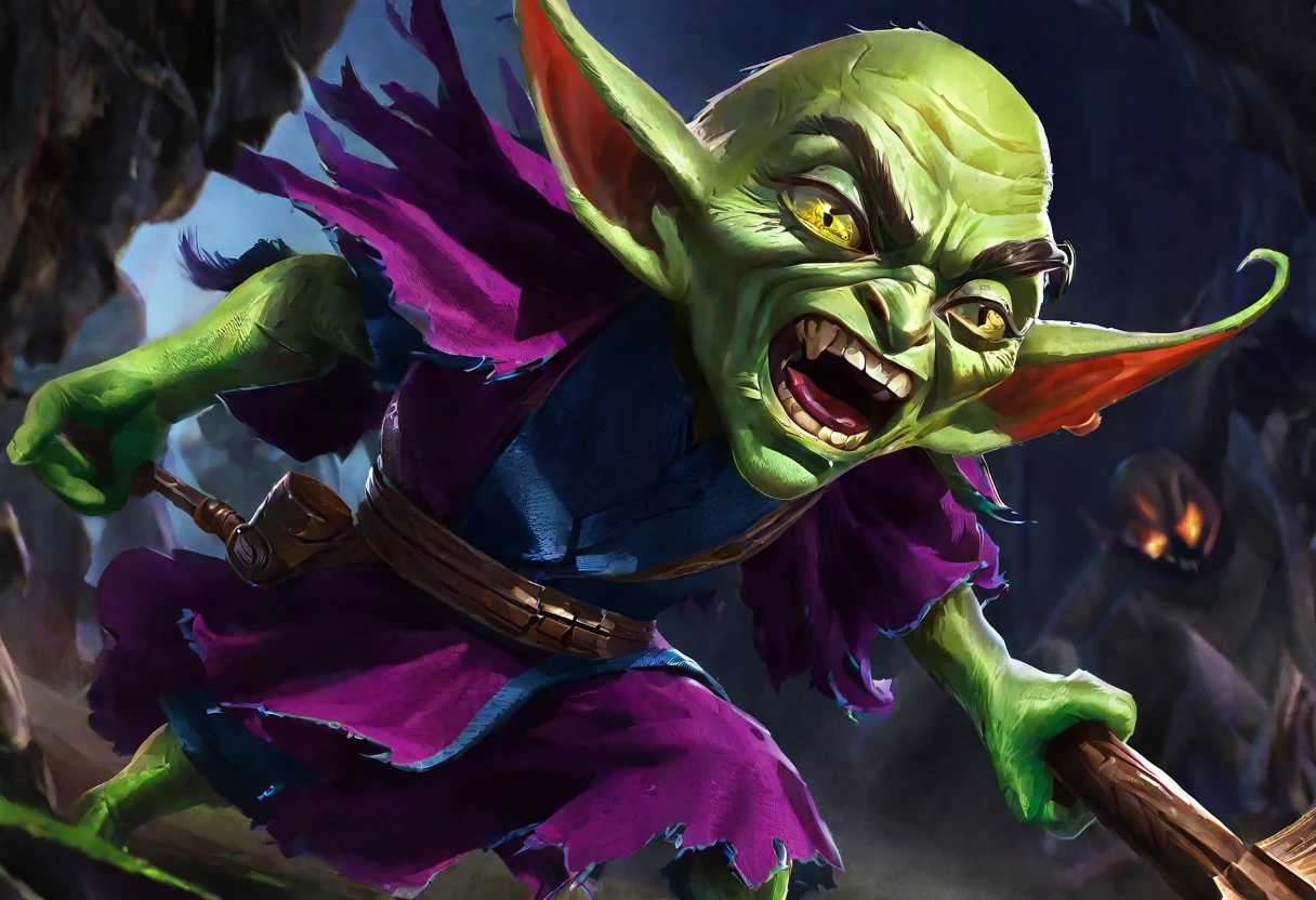 A clever, vicious green goblin, big detailed eyes, long ear hair ...