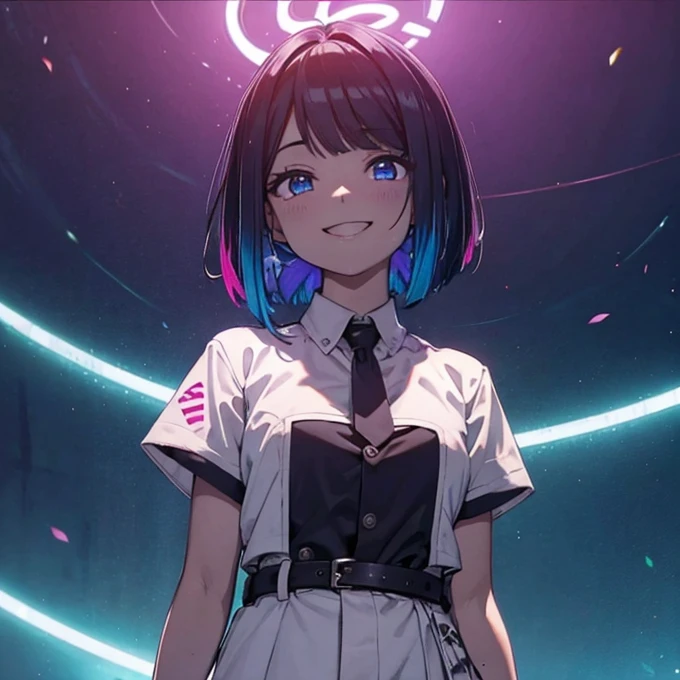 1 girl, wall-paper, whole photo, gray wall background, dark image, ruined wall background, asymmetrical hair, ashen hair, multicolored hair, long hair, psycho ssmile, evil_ssmile, dark purple eyes, view from side, gazing at viewer, long chain handcuffs, neon lights in the background, , ssmile, disheveled hair, black gown
