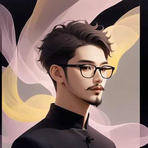 an Asian man with stubble, short beard, short mustache, Beard scum, slightly curly hair, and black square plastic-framed glasses...