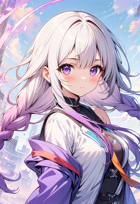 1 Girl, yinji, purple hair, purple eyes, long hair, white hair, double braids, gradient hair,Pictures showing the beauty of arti...