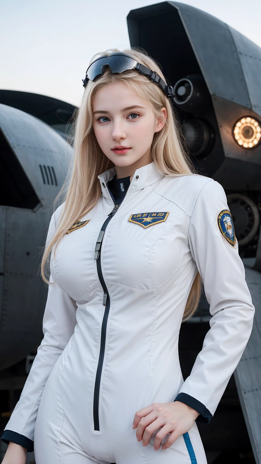 ((best quality)), photorealistic, photorealism, Photorealistic, high resolution, Beautiful, Baby Face, 20 Years Old, White Skin, pale skin, Large Breasts, huge breast, Combat pose, looking at the camera, (Detailed face), curtain hair, blonde hair, (wearing pilot suit, high-tech headware, mecha suit), (cloths color based on black), Fingers are occluded, concrete space ship background,