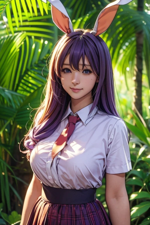 sit in tropical rainforest , steam , waistband of skirt is at the point above chest , plaid skirt , pleated skirt , Tight shirt , white Shirt , school girl , skirt under breasts , skirt is near breasts area , skirt is adjacent to the chest , (masterpiece, best quality, hires, high resolution:1.2, 4k, 8k , high quality), extremely detailed, realistic, intricate details, highres, 1girl, solo, ( , thick thighs, wide hips), arched back,(cinematic lighting, sunlight, perfect lighting, backlighting), eye-level shot, extreme close-up-shot, looking at viewer, , green skirt nakano_yotsuba_ecsta, blue eyes, orange hair, hair ribbon, nakano yotsuba , twin tails hair, green ribbon, hair between eyes , masterpiece, best quality,   1girl,smile,reisen udongein inaba, purple hair,very , twin tails long hair, rabbit ears, red eyes,black jacket,pink skirt,necktie,