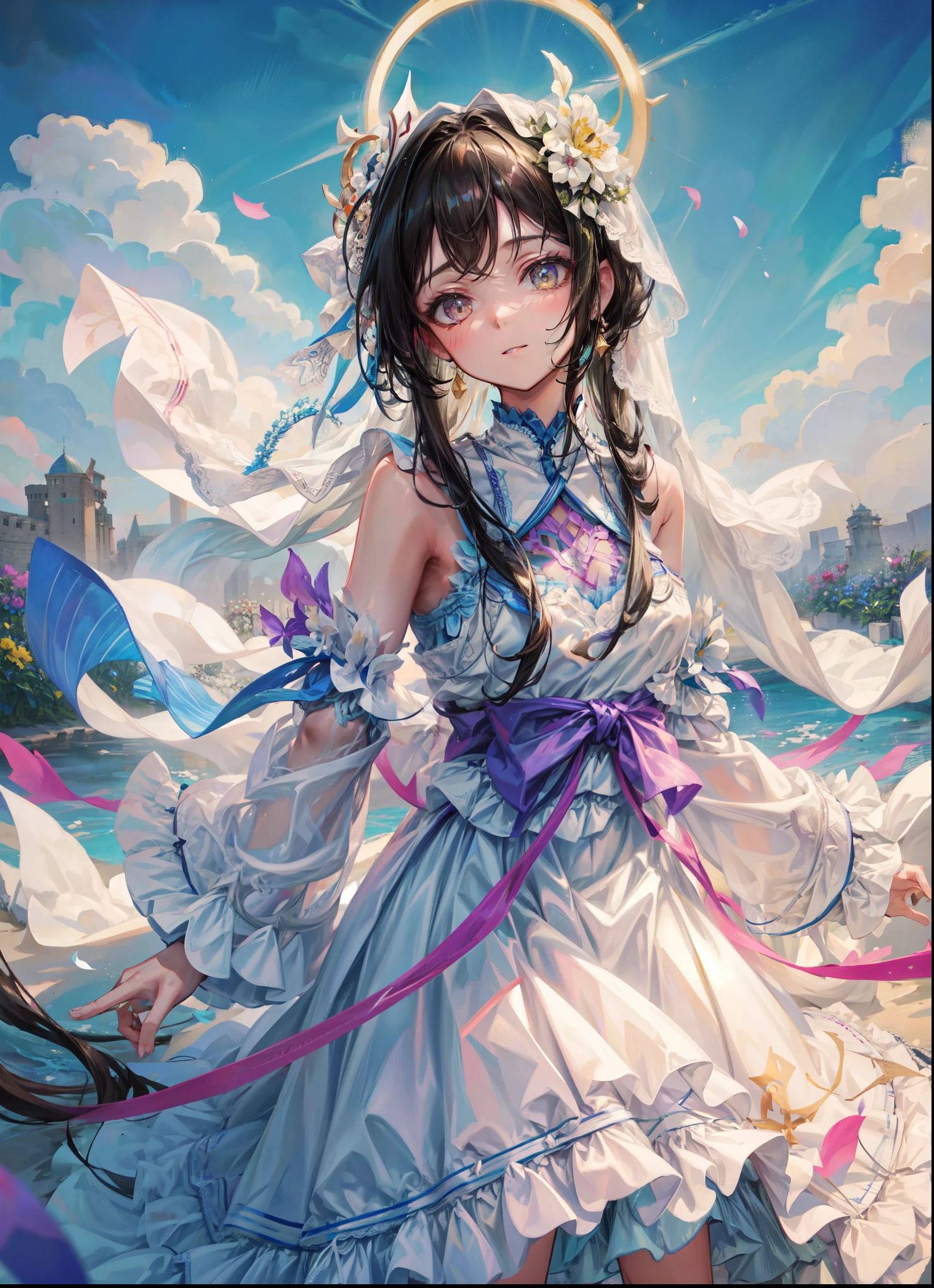 Kujou Sara| genshin impact, master-piece, bestquality, 1girls,25 years old, proportional body, proportional., Wedding Dresses, White Wedding Dress, Long skirt, Big skirt, mediuml breasts, ,bara, choker, Standing in the middle of a flower garden, outdoor, The sky is beautiful, arm behind back, View viewers from the front., Thigh strap, Head tilt, bored, HD, slight smile,