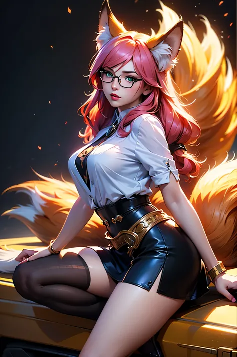 On top of the hood of luxurious car sitting a female kitsune in seductive pose, she have red long hair with pink highlights, cha...