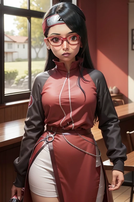 Sarada, Cabelo preto curto , olhos pretos, and with red glasses , nova com uma tez de pele clara , tem 18 anos , Esse ganho de peso , Parte superior do corpo , Seios gordinhos e gordinhos , Use uma roupa shinobi , It is in the dining hall of Shinobi Academy 