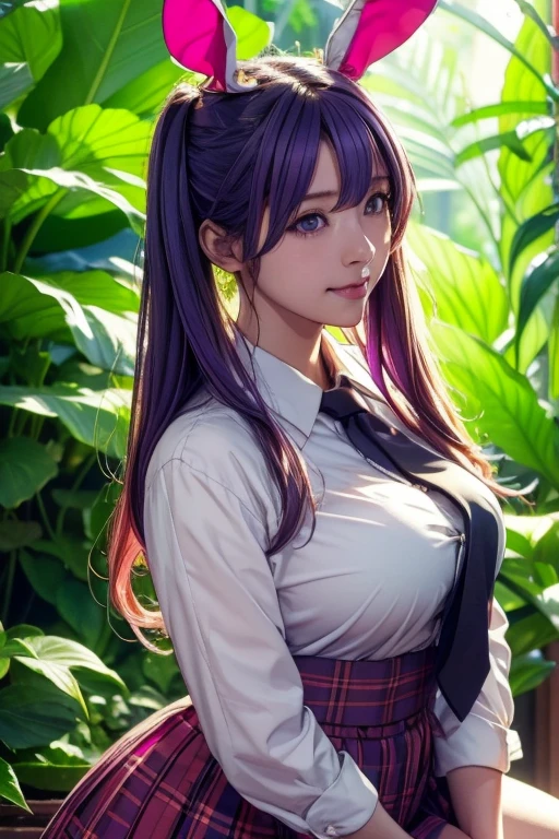 sit in tropical rainforest , steam , waistband of skirt is at the point above chest , plaid skirt , pleated skirt , Tight shirt , white Shirt , school girl , skirt under breasts , skirt is near breasts area , skirt is adjacent to the chest , (masterpiece, best quality, hires, high resolution:1.2, 4k, 8k , high quality), extremely detailed, realistic, intricate details, highres, 1girl, solo, ( , thick thighs, wide hips), arched back,(cinematic lighting, sunlight, perfect lighting, backlighting), eye-level shot, extreme close-up-shot, looking at viewer, , green skirt nakano_yotsuba_ecsta, blue eyes, orange hair, hair ribbon, nakano yotsuba , twin tails hair, green ribbon, hair between eyes , masterpiece, best quality, 1girl,smile,reisen udongein inaba, purple hair,very , twin tails long hair, rabbit ears, red eyes,black jacket,pink skirt,necktie,