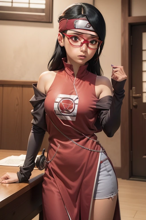 sarada, Les cheveux cours et noirs , yeux noirs, et avec des lunettes rouges , jeune femme au teint clair , a 18 ans , Cette prise de poids , haut du corps , Seins potelés et potelés , Portez une tenue de shinobi , C&#39;est dans la salle à manger de l&#39;Académie Shinobi 