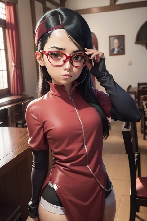 Sarada, Cabelo preto curto , olhos pretos, and with red glasses , nova com uma tez de pele clara , tem 18 anos , Esse ganho de p...