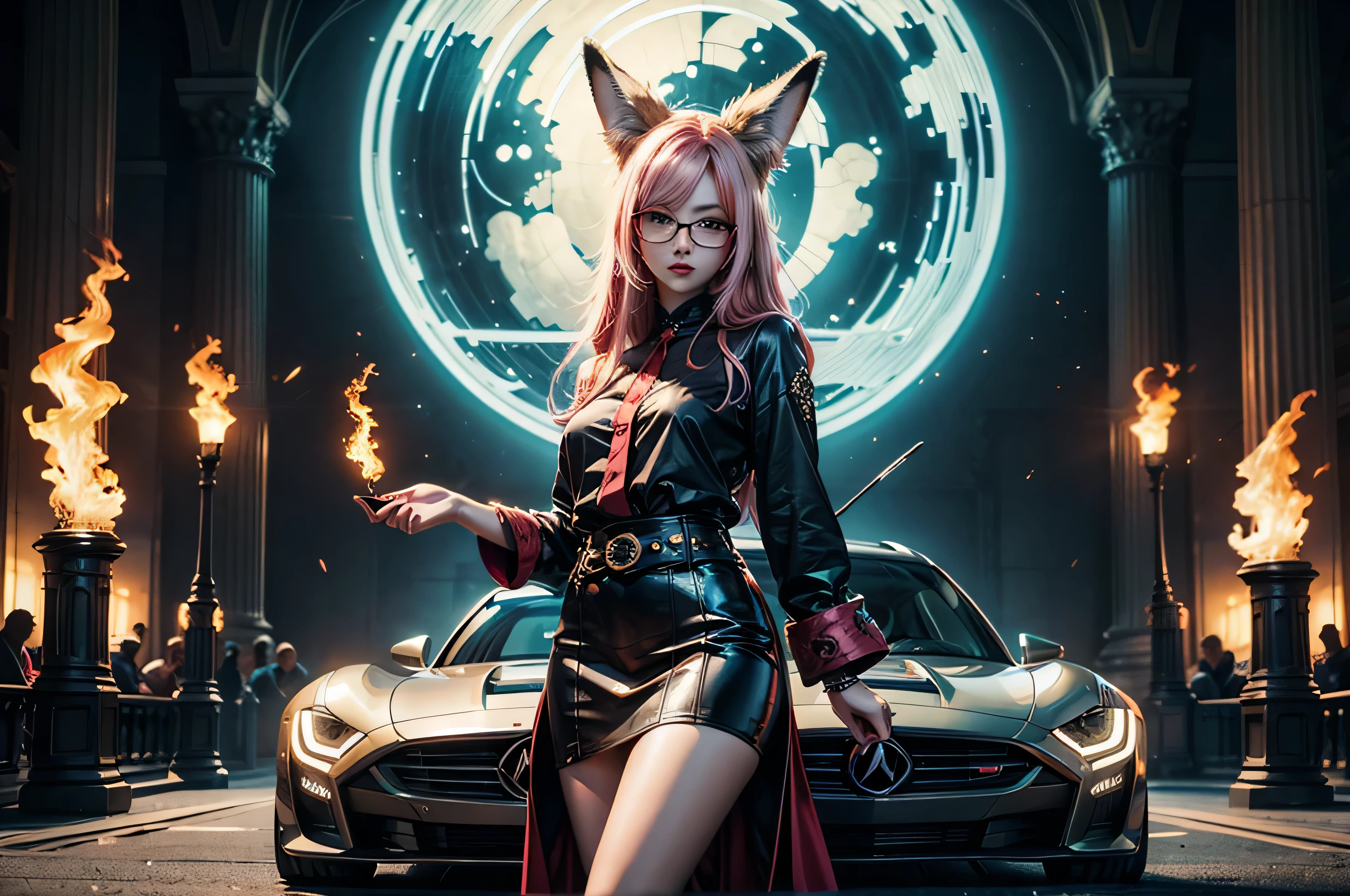 On top of the hood of luxurious car sitting a female kitsune in seductive pose, she have red long hair with pink highlights, charming green eyes. tasty red lips, she dressed in unbutton blouse, black short skirt high stoking and snickers, also she wear glasses, she have four gorgeous magic fox tails, (ultra high quality fantasy art, anime fantasy style, masterpiece, ultra high quality character design, 8k quality anime art, realistic anime art, top quality wallpaper illustration, detailed ultra high quality accurate face, high quality design and accurate physic)