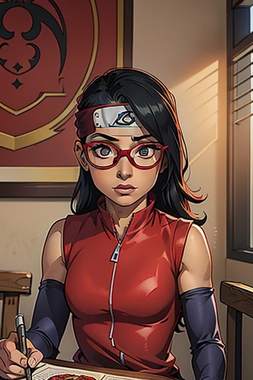 Sarada, Cabelo preto curto , olhos pretos, and with red glasses , nova com uma tez de pele clara , tem 18 anos , Esse ganho de peso , Parte superior do corpo , Seios gordinhos e gordinhos , Use uma roupa shinobi , It is in the dining hall of Shinobi Academy 