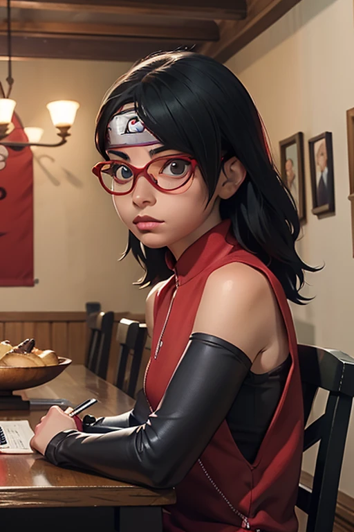 sarada, Les cheveux cours et noirs , yeux noirs, et avec des lunettes rouges , jeune femme au teint clair , a 18 ans , Cette prise de poids , haut du corps , Seins potelés et potelés , Portez une tenue de shinobi , C&#39;est dans la salle à manger de l&#39;Académie Shinobi 