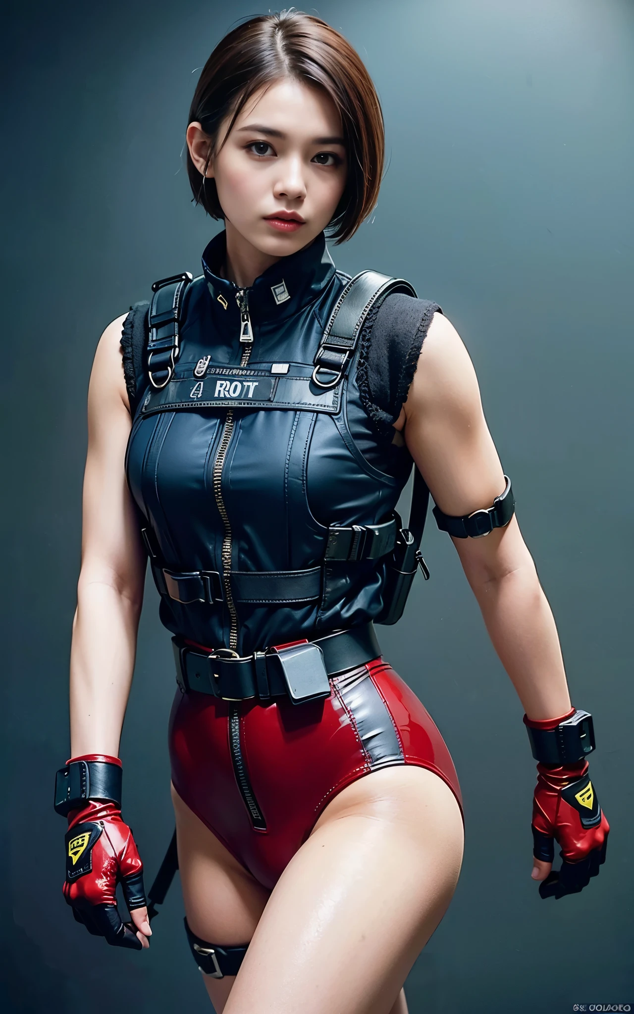 ((Best Quality, 8K, Masterpiece: 1.3)), ((best quality)), photorealistic, photorealism, Photorealistic, high resolution, 1girl aiming with an  assault rifle, Combat pose, looking at the camera, (Detailed face), short hair, (wearing red rubber suit, tactical vests, military harness, black gloves, high-tech headset), cloths color based on black dark blue), revealed thigh, Gun, Fingers are occluded, concrete wall background,