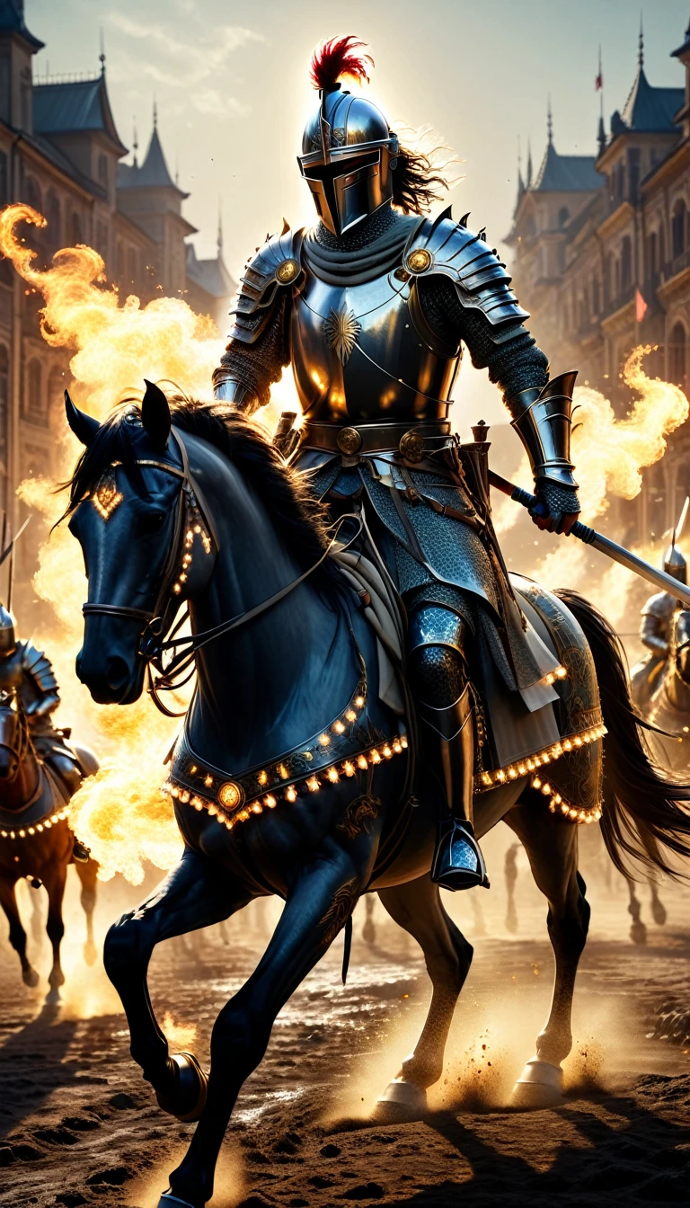 A Fierce battleField with Arthur leading his knights into battle on horseback, mit Geschick und Mut Excalibur gegen die einfallenden Sachsen schwingend, hyperdetailliert & ultrarealistisch digital illustration, Ölgemälde, Schwere Schläge, Unordentlich, helle Farbflecken, solarpunk, 1 Person & 1 Kopf, Kinoreifes 3D, splatters on camera, Meisterwerk, David Coulter, Roberto Ferri, Craig Mullins, Sabbas Apterus, Yoshitaka Amano, Louis Royo Trend auf Artstation, realistisch & tetradische Farben, Sharp and Focused, Umgebungslicht, ultra Fine details, Ultra-Qualität, ultra sharp Focus, Leica M6, 85mm lens, F/2.8 ISO 400, Verschlusszeit 1/100, Hyperrealismus, maximalism, Fotorealismus, filmische Beleuchtung, dynamische Beleuchtung, volumetrische Beleuchtung, Octane Render, Unwirkliche Engine 5, WAHR,