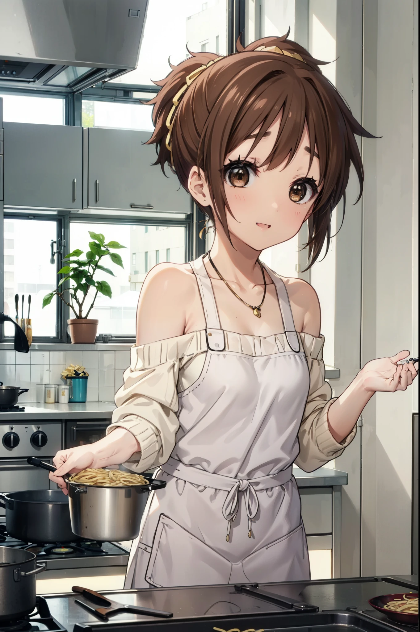 konuihirasawa, Yu Hirasawa, short hair, Brown Hair, (Brown eyes:1.5), ponytail,happy smile, smile, Open your mouth,Off-the-shoulder sweater,Long skirt,Bare shoulders,bare clavicle,Bare neck,Rocket Pendant,barefoot,apron,Zend 4y4, cooking, Frying pan,fire, pasta, Stove, The legs are detached from the frame,whole bodyがイラストに入るように,
break indoors, kitchen,
break looking at viewer, whole body,
break (masterpiece:1.2), highest quality, High resolution, unity 8k wallpaper, (shape:0.8), (Beautiful details:1.6), Highly detailed face, Perfect lighting, Highly detailed CG, (Perfect hands, Perfect Anatomy),