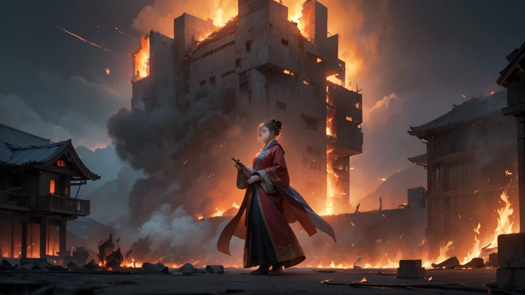 （A woman in front of a building：2.0），（Hanfu：1.9），Ethereal Background，Mysterious atmosphere，RAW photos，16K，drama灯光，Colorful，high quality，Precise focus，4D Cinema，drama，Surreal illustration，Super detailed，absurd，Complex Mode， atmosphere，Ultra-high resolution， (Realistically:1.4)，(Fractal Art:1.3)， flame,, (flame:1.3)), full-body shot, (Low angle shot:1.2)，Fire，Red glowing particles，Thick smoke，Building on Fire，Fire in low-rise building，