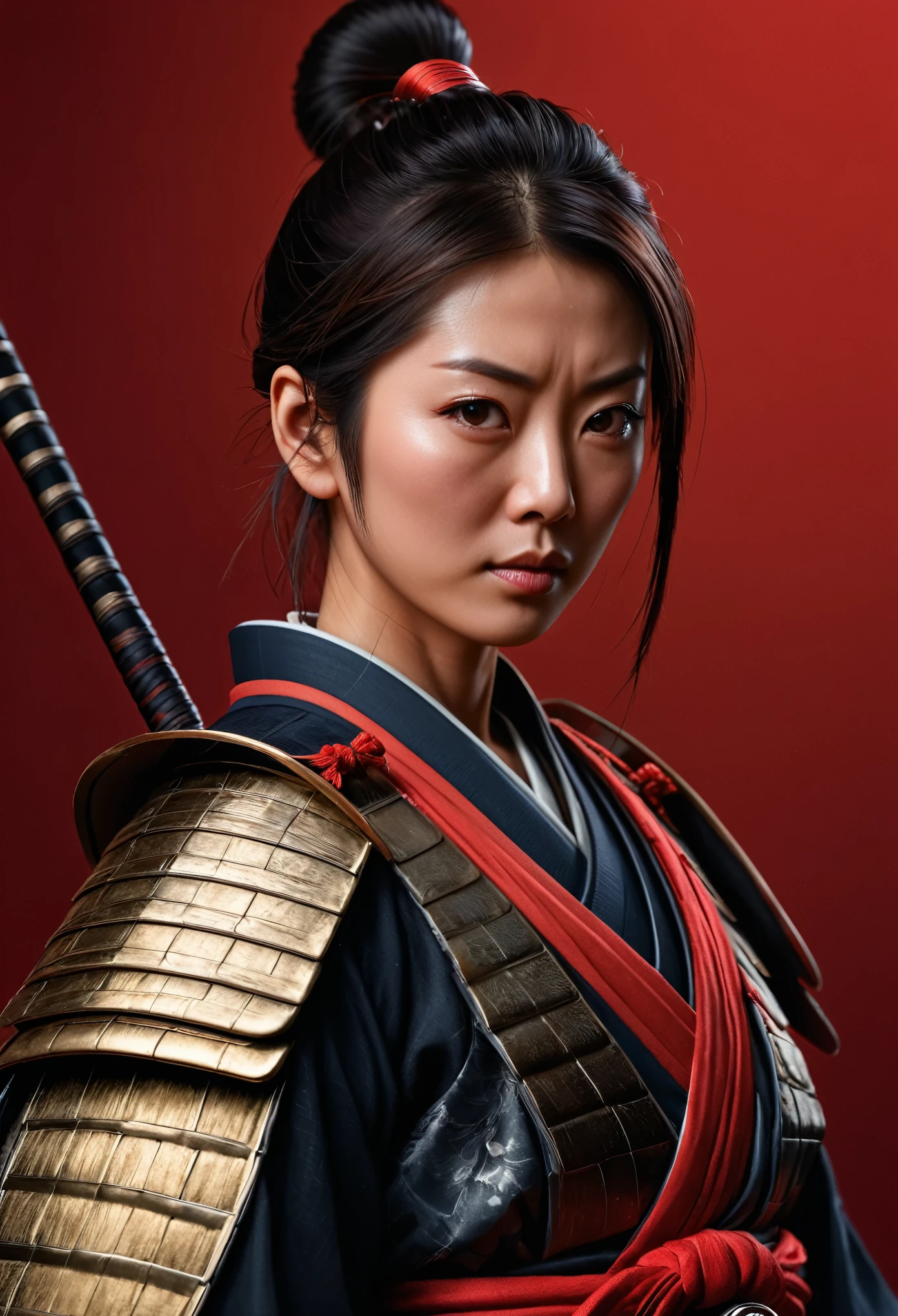 ohwx japanese women, samurai warrior, front view, red background, unreal engine, highly detailed, soft light, hyper clean stroke, half body portrait, highly detailed, photo realistic, cinematic, movie still, captured in the style of Sony Alpha A7 III camera