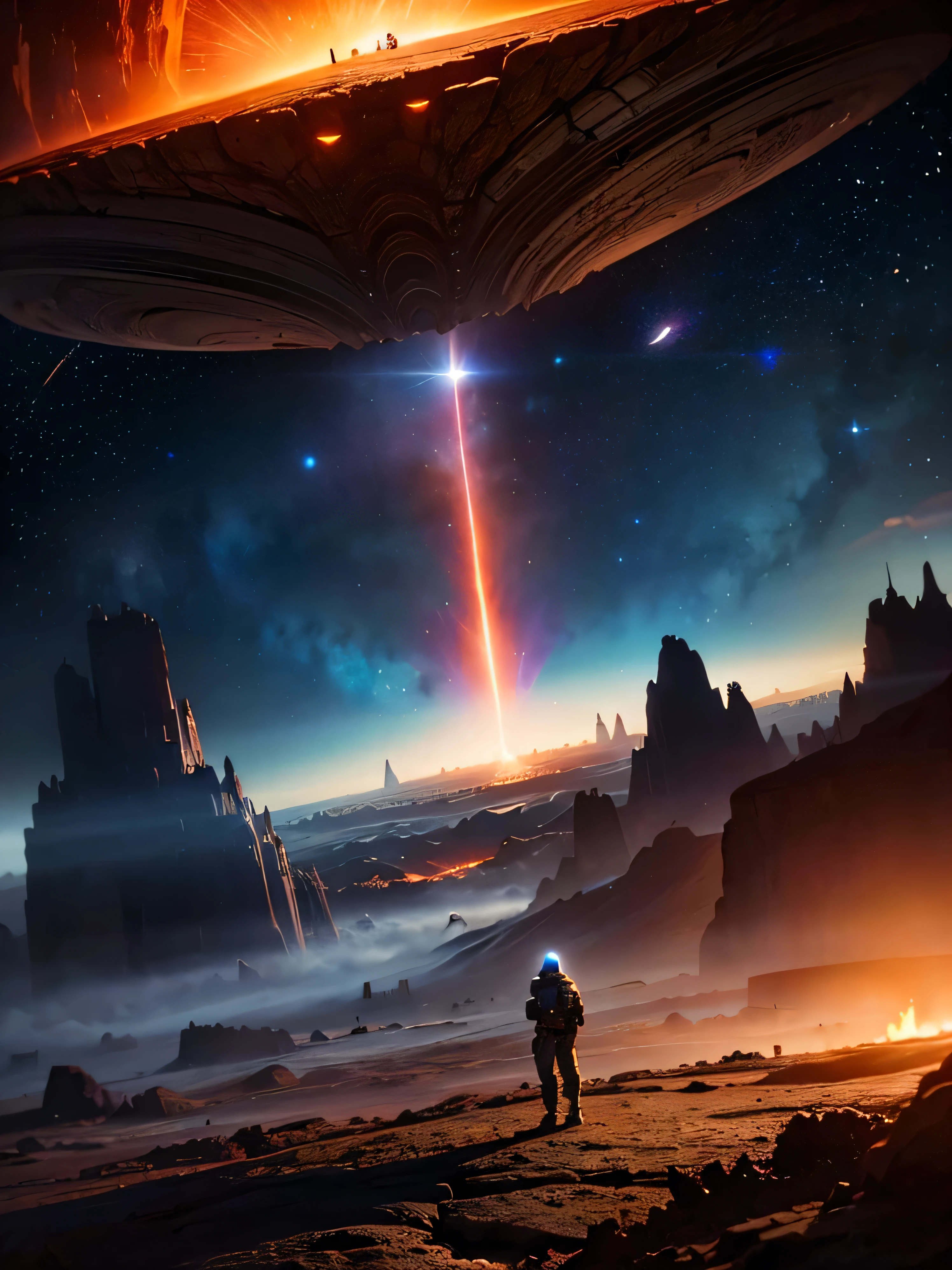 a man in a space suit standing on a cybernetic earth with a red light inside, scientific earth crust, the earth sprouts lava, earth covers lightly, whole earth, the earth, hollow earth, earth outside, vtm, the planet is warm with canyons, earthy, the planet, the stars and galaxy in the background, jessica rossier fantasy art, inspired by jessica rossier, jessica rossier color scheme, by jessica rossier, stunning alien landscape, cinematic beeple, bastien grivet, amazing alien landscape, beeple and tim hildebrandt, beeple and jean giraud, alien breathtaking landscape, apocolypse, end of the world
