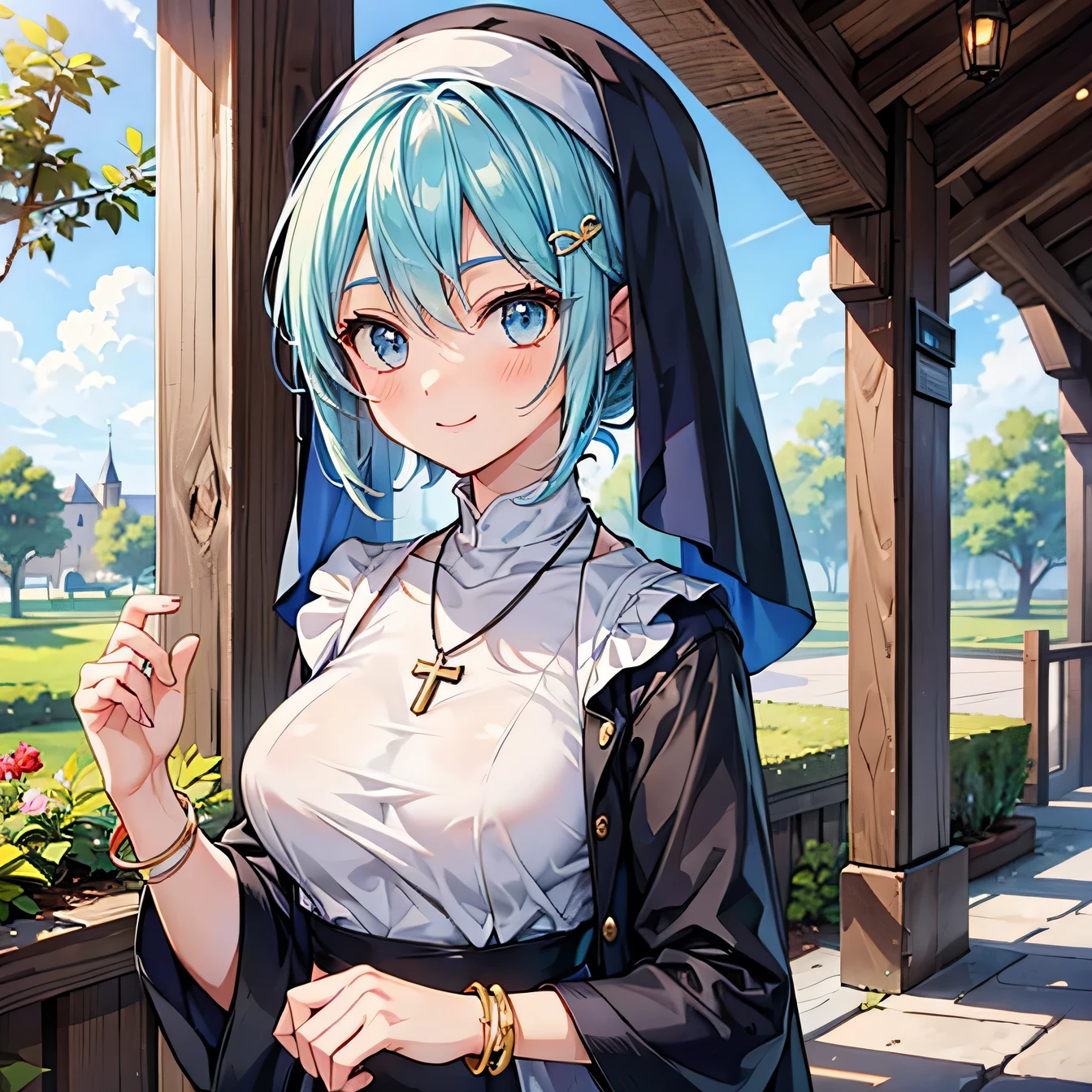 Anime Moe Art Style,highest quality,High resolution,Anatomically correct,One Girl,Mid-teens,A girl with light blue hair in a ponytail,Super detailed,Fantasy World,Nuns,Monastic Clothes,Big Breasts,A rich expression,smile,Outdoor,Church yard,Hanging out the laundry,Eyes drawn in detail,hair ornaments,necklace,bracelet,ring,8K