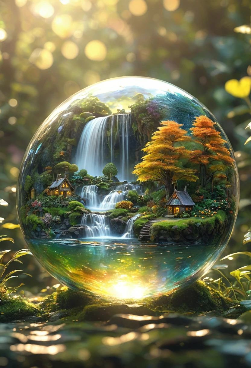 A  glass sphere sculpture, concealed inside the sphere is a Hobbits village, Waterfall, in the day, detailed image, 8k high quality detailed, shaped sphere, amazing wallpaper, digital painting highly detailed, 8k UHD detailed oil painting, beautiful art UHD, focus on full glass sphere, bokeh,  background Modifiers: extremely detailed Award winning photography, fantasy studio lighting, photorealistic very attractive beautiful imperial colours ultra detailed 3D, (Very Intricate), UHD, (3D Framed, Macabre)