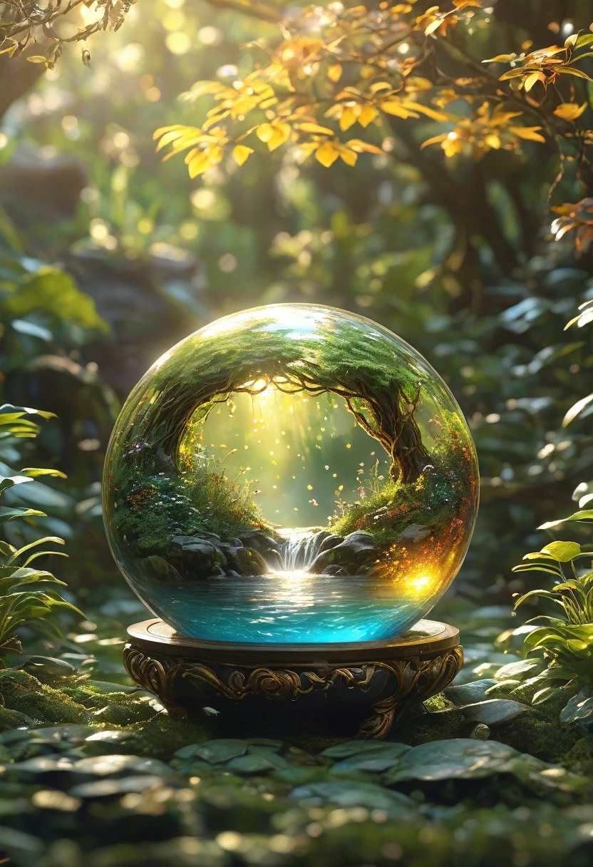 A  glass sphere sculpture, concealed inside the sphere is a Hobbits village, Waterfall, in the day, detailed image, 8k high quality detailed, shaped sphere, amazing wallpaper, digital painting highly detailed, 8k UHD detailed oil painting, beautiful art UHD, focus on full glass sphere, bokeh,  background Modifiers: extremely detailed Award winning photography, fantasy studio lighting, photorealistic very attractive beautiful imperial colours ultra detailed 3D, (Very Intricate), UHD, (3D Framed, Macabre)