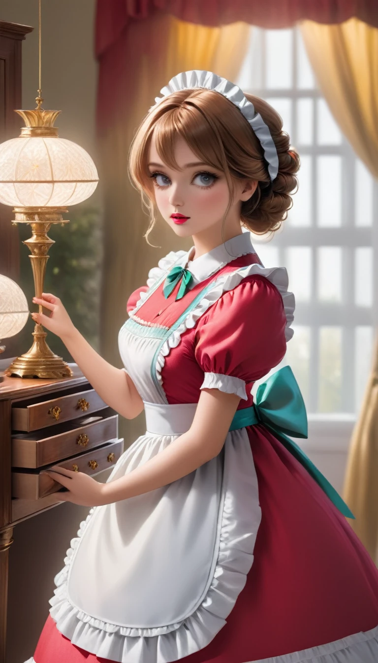 a young woman maid, hyper detailed, iridescent, idyllic, magical, dynamic pose cleaning a dresser with ornaments, (best quality,4k,8k,highres,masterpiece:1.2),ultra-detailed,(realistic,photorealistic,photo-realistic:1.37),1girl,intricate details,beautiful detailed eyes,beautiful detailed lips,extremely detailed eyes and face,longeyeleshs,elegant dress,studio lighting,professional,vivid colors,warm lighting