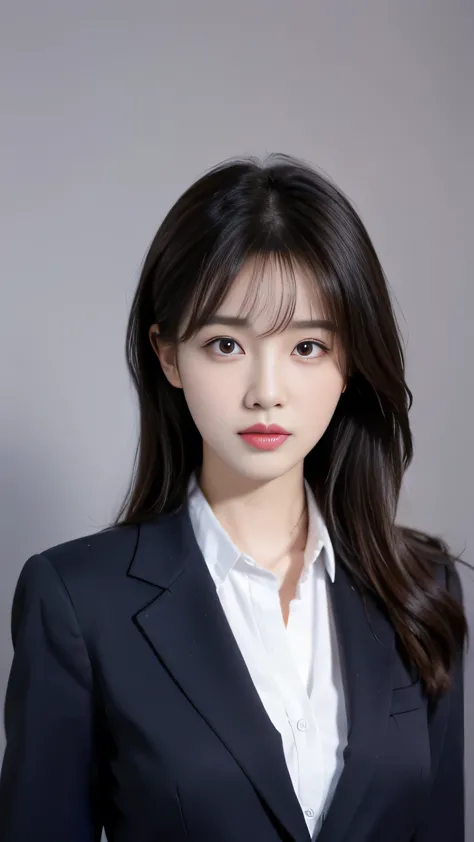 Realistic portrait of a 30-year-old Korean woman, Business style clothing, Full face, Solid color background