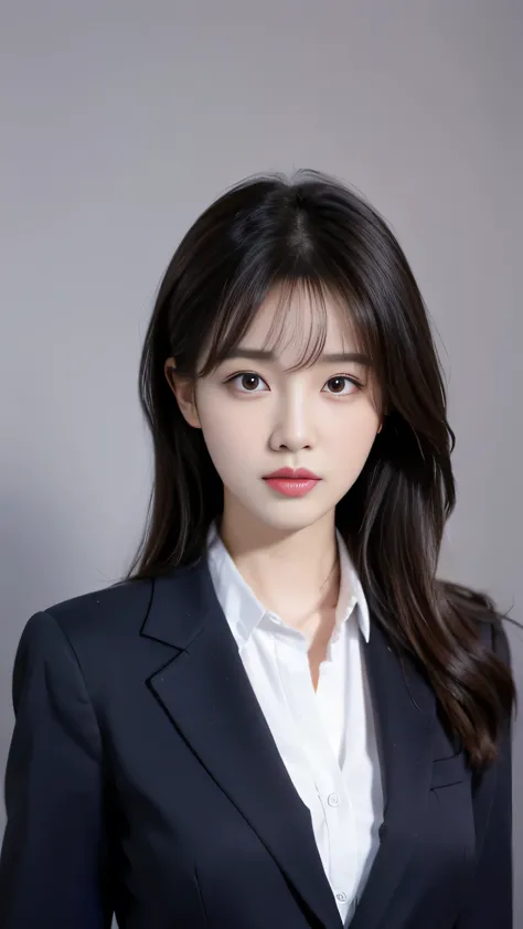 realistic portrait of a 30-year-old korean woman, business style clothing, full face, solid color background