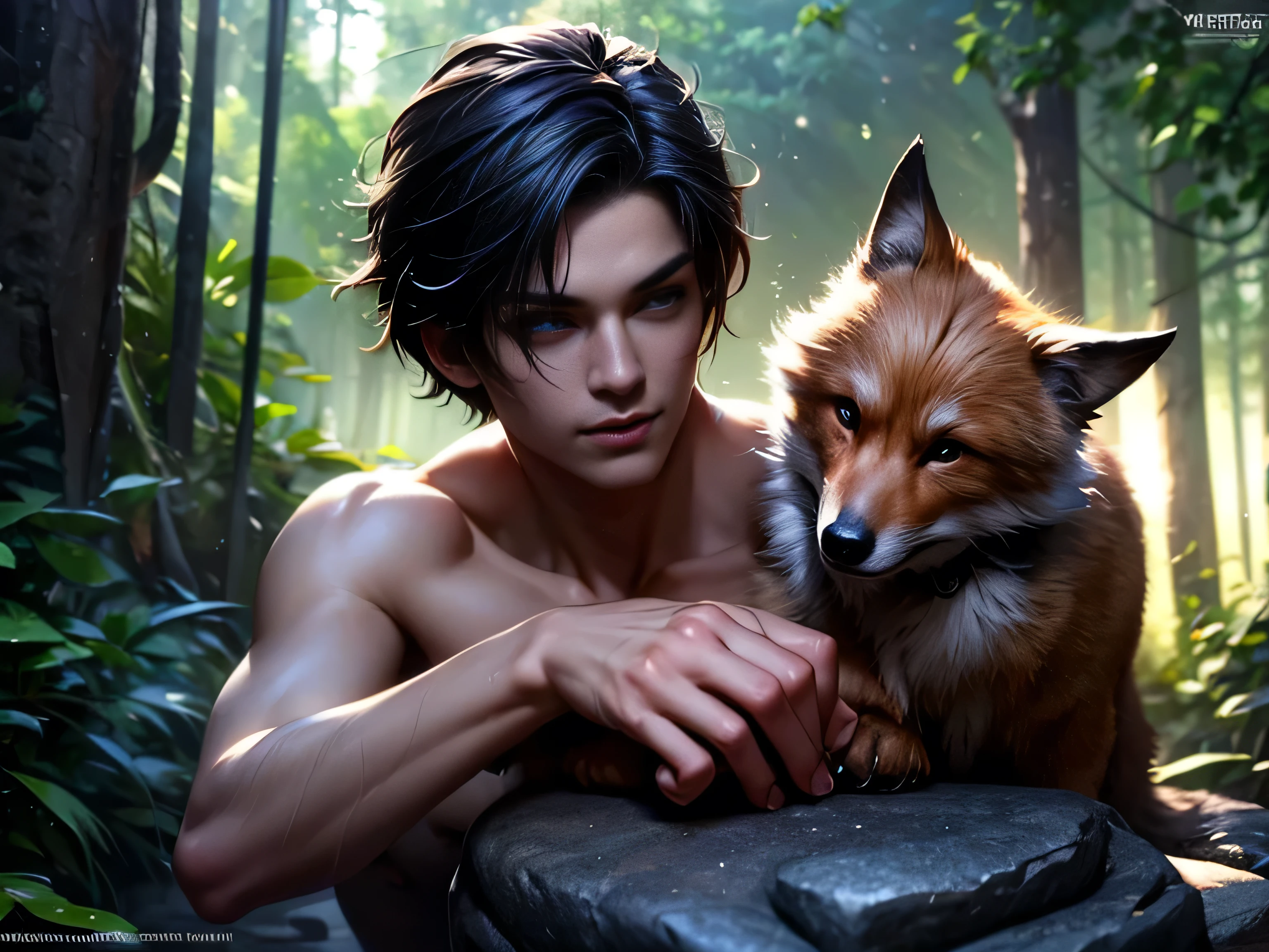 (Best quality, 8K, masterpiece, HDR, soft lighting, perfect image, realistic, Bright), Fox guy sitting on a stone in a forest with a waterfall, landscape with a mountain waterfall in the background, handsome man, he has beautiful blue eyes and a kind smile, black hair, naked torso with developed body, (Fantasy ultra high quality art, latest fantasy), masterpiece, Ultra high quality male and female character designs, anime art with 8k development, realistic anime art, wallpaper illustrations of the highest quality, complex ultra high quality accurate faces of male characters, high quality design and precision physics (ultra high quality fantasy style)), art, dark fantasy)) Style), Masterpieceы, super quality characters, resolution anime - 8k, realistic anime art, highest quality wallpaper illustration, Ultra-high facial detail, high-quality design and physics accuracy), by color, depth of field, to the shadows, ray tracing, high quality and production of computer wallpapers in 8K resolution, Ethereal Fox, meditates, artistic 8k, Calm facial expression, 8k art, meditation pose, zen meditation cyberpunk, fantasy love fox, Dark Fox Mage, (Accurate simulation of the interaction of light and material)], [Carefully detailed hair [Read more about beautiful and shiny hair]], (Perfectly detailed hands [perfect fingers [Beautiful nails]], (Perfectly detailed feet [perfect fingers [Beautiful nails]], (perfect anatomy (perfect proportions)) [[ Look at full growth]], [Ideal color coordination (Accurate simulation of the interaction of light and material)], [art, conveying the meaning of history]