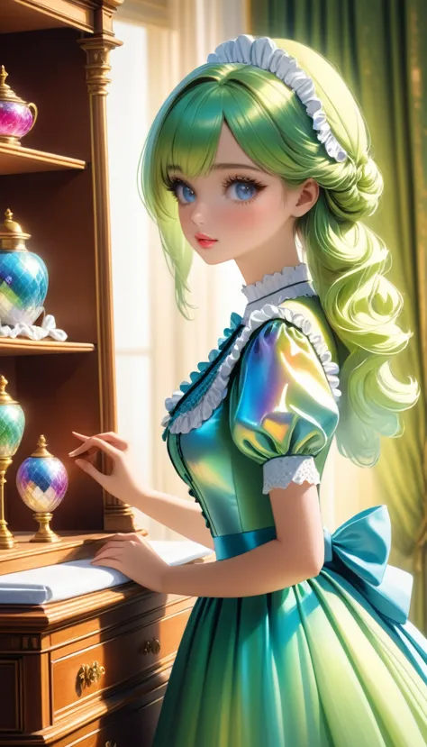 a young woman maid, hyper detailed, iridescent, idyllic, magical, dynamic pose cleaning a dresser with ornaments, (best quality,...