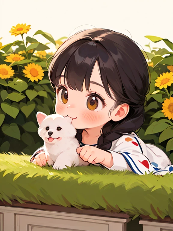 (highest quality,4K,8k,High resolution,masterpiece:1.2), Very detailed, (Deformed, Realistic, Realistic:1.3)，One Girl，cute，Very short stature，，Laughing happily, Brown eyes，length, fluffy, Black hair braids，White dress，cute犬を抱く，The dog is much bigger than the girl...，This dog is a Yorkshire terrier...，犬はfluffy，Dog holds white panties in mouth:1.3、Spring background is a country house garden，