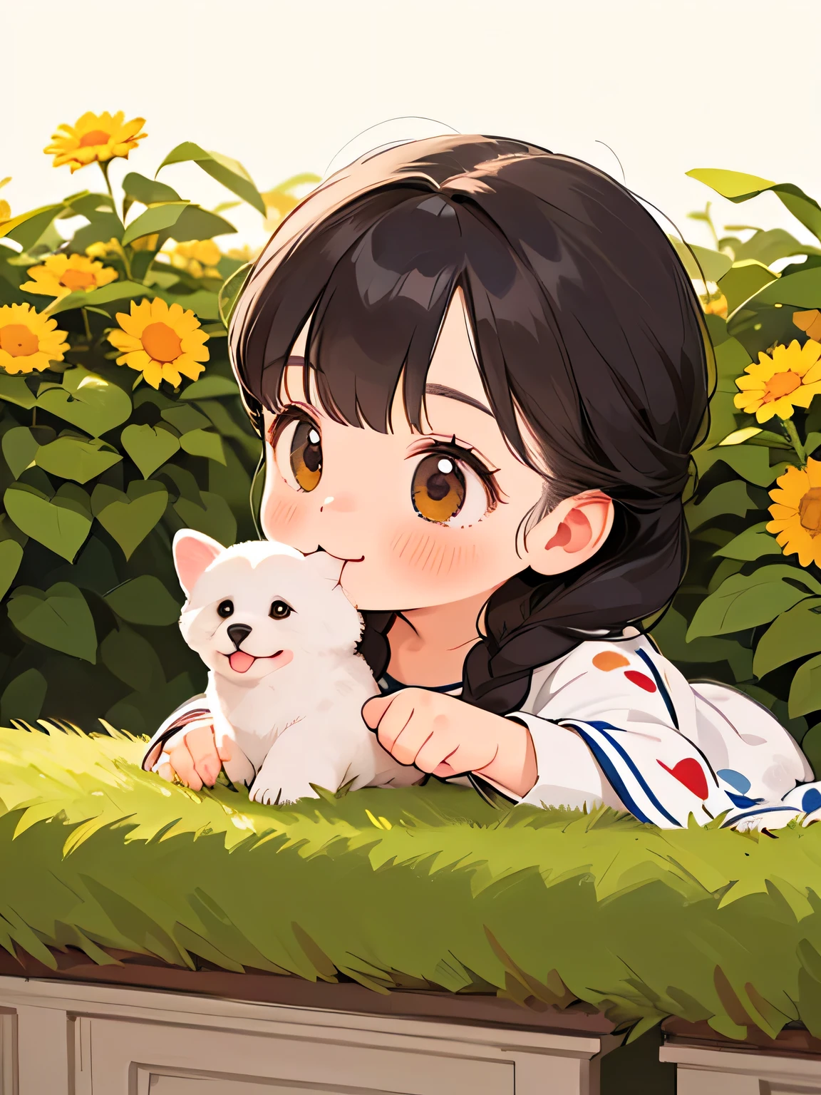 (highest quality,4K,8k,High resolution,masterpiece:1.2), Very detailed, (Deformed, Realistic, Realistic:1.3)，One Girl，cute，Very short stature，，Laughing happily, Brown eyes，length, fluffy, Black hair braids，White dress，cute hug dog，The dog is much bigger than the girl...，This dog is a Yorkshire terrier...，The dog is fluffy，Dog holds white panties in mouth:1.3、Spring background is a country house garden，