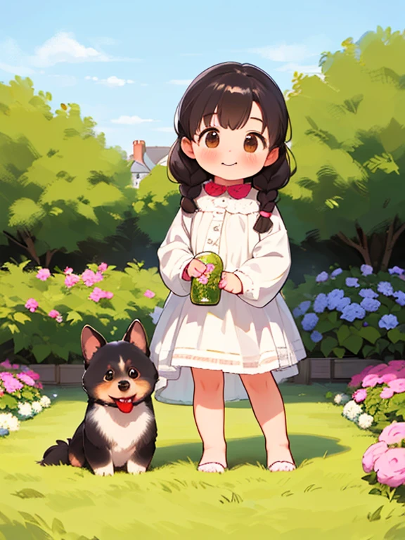 (highest quality,4K,8k,High resolution,masterpiece:1.2), Very detailed, (Deformed, Realistic, Realistic:1.3)，One Girl，cute，Very short stature，，Laughing happily, Brown eyes，length, fluffy, Black hair braids，White dress，cute犬を抱く，The dog is much bigger than the girl...，This dog is a Yorkshire terrier...，犬はfluffy，Dog holds white panties in mouth:1.3、Spring background is a country house garden，