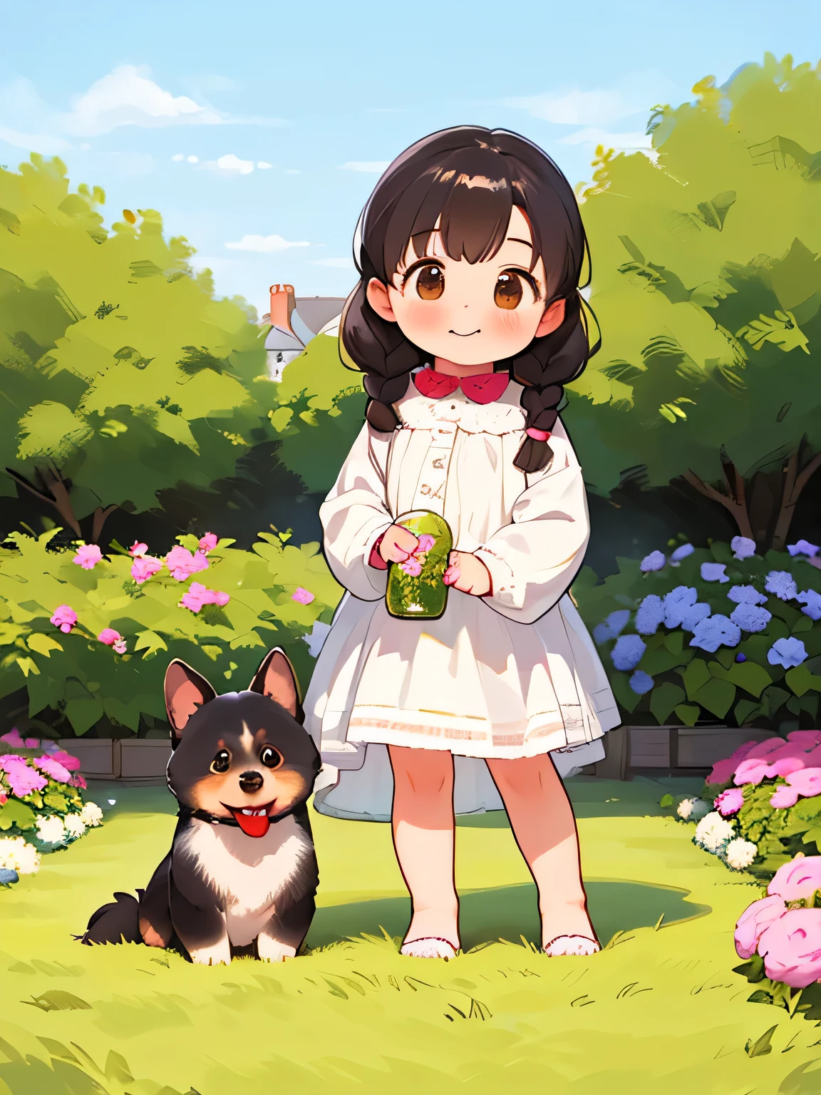 (highest quality,4K,8k,High resolution,masterpiece:1.2), Very detailed, (Deformed, Realistic, Realistic:1.3)，One Girl，cute，Very short stature，，Laughing happily, Brown eyes，length, fluffy, Black hair braids，White dress，cute hug dog，The dog is much bigger than the girl...，This dog is a Yorkshire terrier...，The dog is fluffy，Dog holds white panties in mouth:1.3、Spring background is a country house garden，