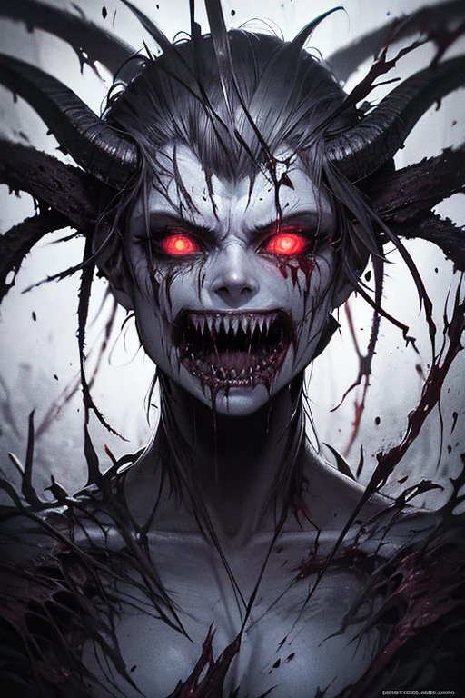 a demonic mutant goddess of madness and fear, demonic mutant, insane expression, crazy, horrifying, dark fantasy, extremely detailed face and eyes, sharp teeth, horns, glowing eyes, pale skin, tattered clothing, twisted anatomy, dramatic lighting, cinematic composition, dark and moody color palette, digital painting, highly detailed, photorealistic, 8k, masterpiece, horror