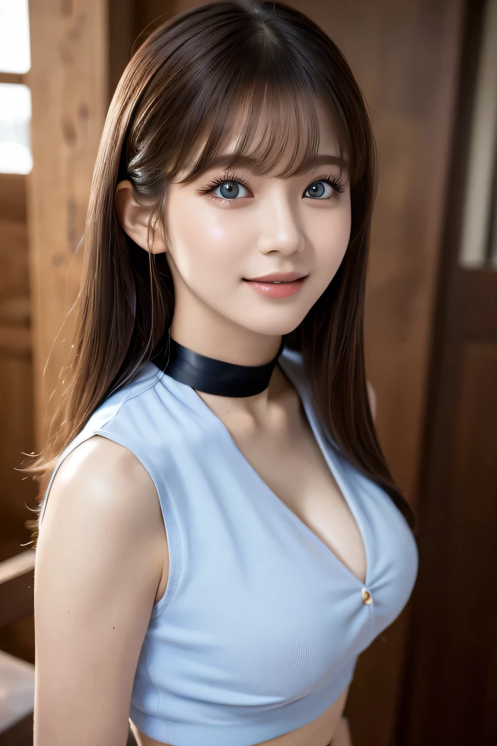 (highest quality, masterpiece:1.3, 超A high resolution), (Very detailed), (Realistic:1.4, RAW shooting), Ultra-Realistic Capture,Very detailed, High resolution, 16k, Human skin close-up, The skin texture is natural, It must be detailed enough to be easily identifiable, Skin should look healthy and have an even tone, Use natural light and color,  (Ivory Camisole, Pleated mini skirt), ((Mountain, blue sky, Slim body)), 1 girl, Japanese, 18-year-old, cute, Straight long hair, Big Breasts, smile, Turn your body forward, (View from the front:1.1), Looking into the camera, (Cowboy Shot),focused on the chest, Light brown hair, ((Black choker)), Very long and voluminous eyelashes, blue eyes, bangs