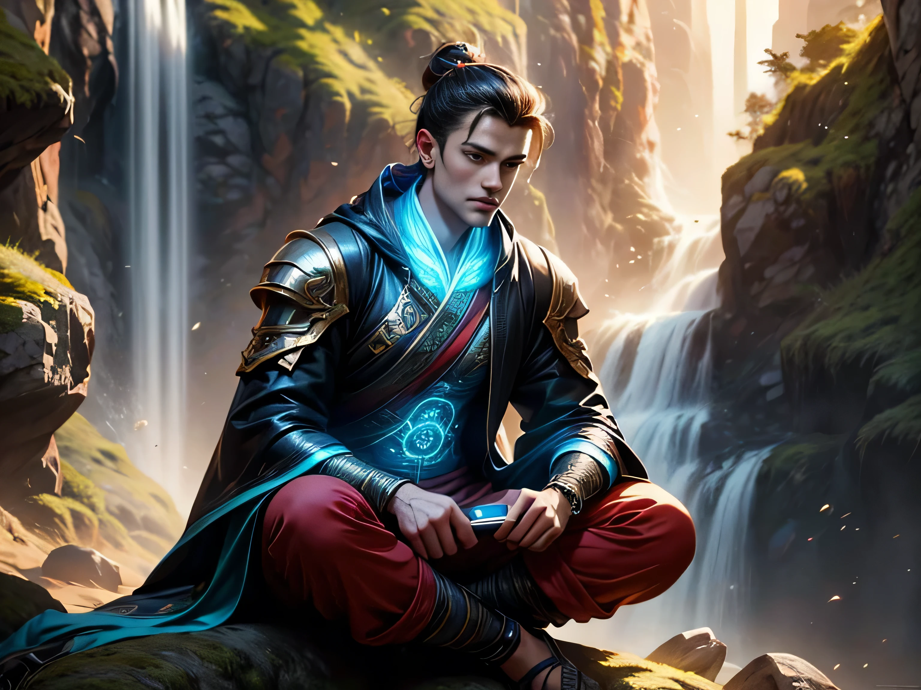 (Best quality, 8K, masterpiece, HDR, soft lighting, perfect image, realistic, Bright), Fox guy sitting on a stone in a forest with a waterfall, landscape with a mountain waterfall in the background, handsome man, he has beautiful blue eyes and a kind smile, black hair, naked torso with developed body, (Fantasy ultra high quality art, latest fantasy), masterpiece, Ultra high quality male and female character designs, anime art with 8k development, realistic anime art, wallpaper illustrations of the highest quality, complex ultra high quality accurate faces of male characters, high quality design and precision physics (ultra high quality fantasy style)), art, dark fantasy)) Style), Masterpieceы, super quality characters, resolution anime - 8k, realistic anime art, highest quality wallpaper illustration, Ultra-high facial detail, high-quality design and physics accuracy), by color, depth of field, to the shadows, ray tracing, high quality and production of computer wallpapers in 8K resolution, Ethereal Fox, meditates, artistic 8k, Calm facial expression, 8k art, meditation pose, zen meditation cyberpunk, fantasy love fox, Dark Fox Mage, (Accurate simulation of the interaction of light and material)], [Carefully detailed hair [Read more about beautiful and shiny hair]], (Perfectly detailed hands [perfect fingers [Beautiful nails]], (Perfectly detailed feet [perfect fingers [Beautiful nails]], (perfect anatomy (perfect proportions)) [[ Look at full growth]], [Ideal color coordination (Accurate simulation of the interaction of light and material)], [art, conveying the meaning of history]