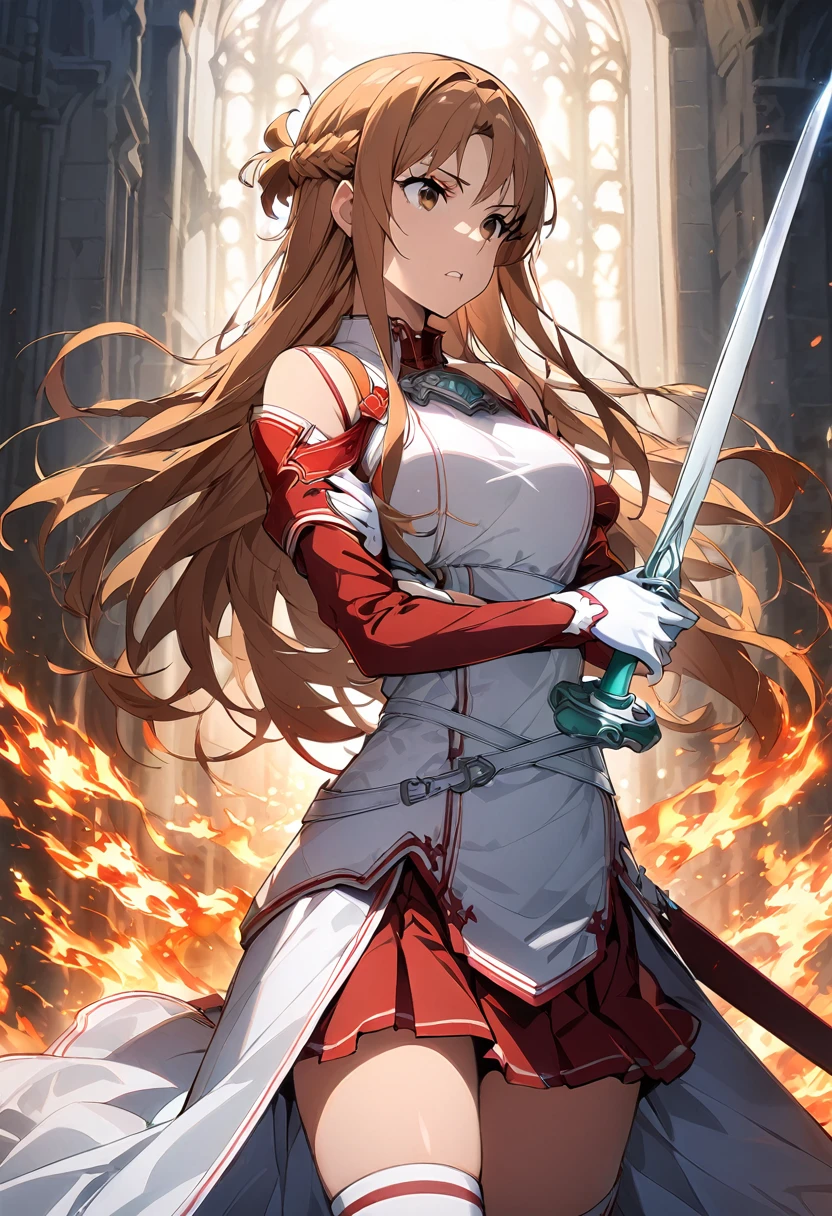 masterpiece, Top quality ï¼Œï¼Œ1 girl, arms, sword, alone, length_hair, chest当て, Holding, Holding_arms, Holding_sword, armor, Brown_hair, Braiding, Knee socks, just_shoulder, Brown_eye, dress, Rapier, independent_sleeve, sheath, white_dress, white_Knee socks, red_skirt, Broke up_lips, 前hair, Shine, fire, chest, Shine_arms, unsheathed, Fantasy, skirt, length_sleeve, gloves, energy, Shine_sword, magic, cowboy_shot, white_gloves, white_sleeve, very_length_hair, Are standing, Holding_sheath, unsheathing