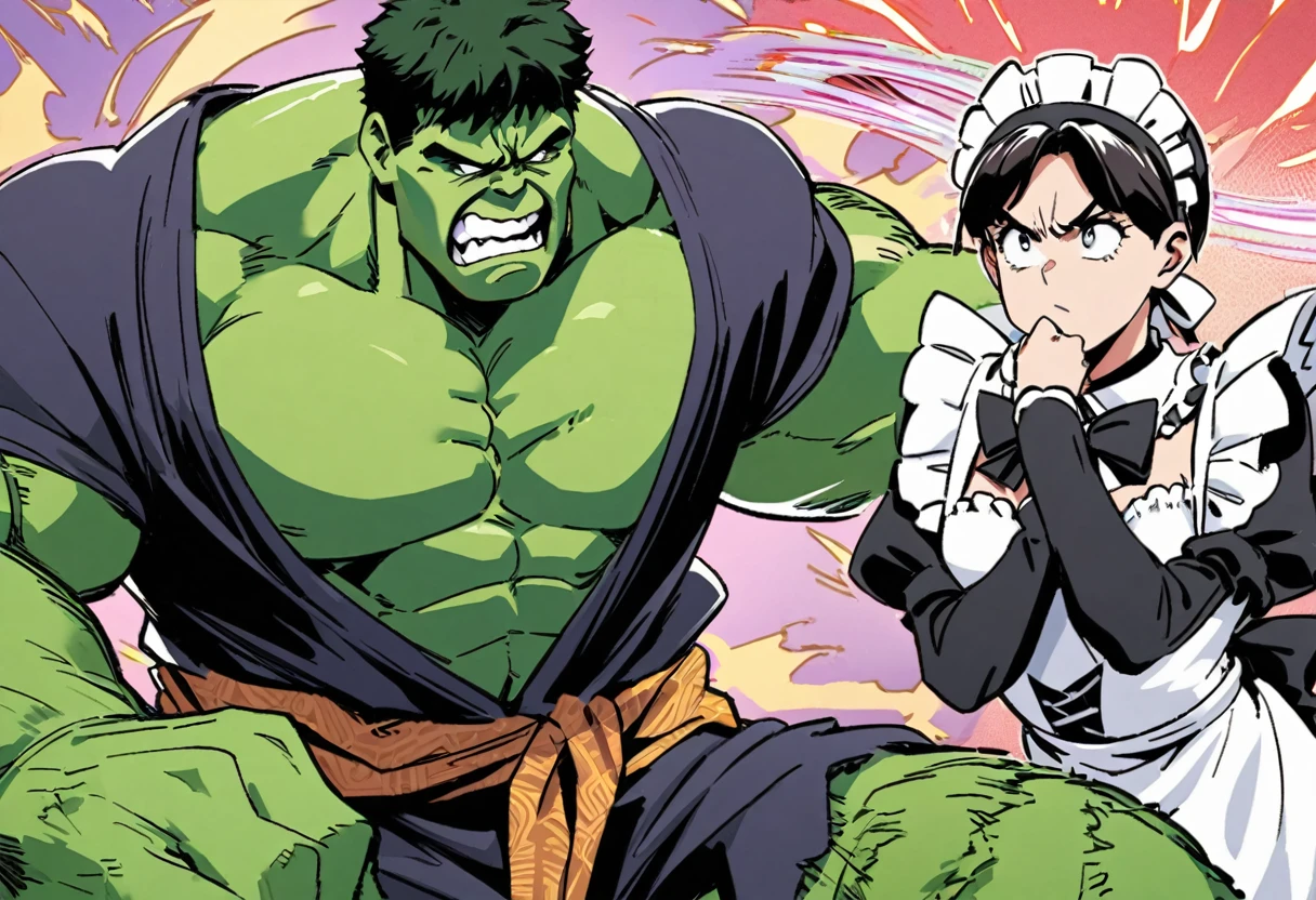 The Incredible Hulk wearing a maid outfit and looking confused, Doctor Strange is laughing, seperated from the Hulk by a magic barrier