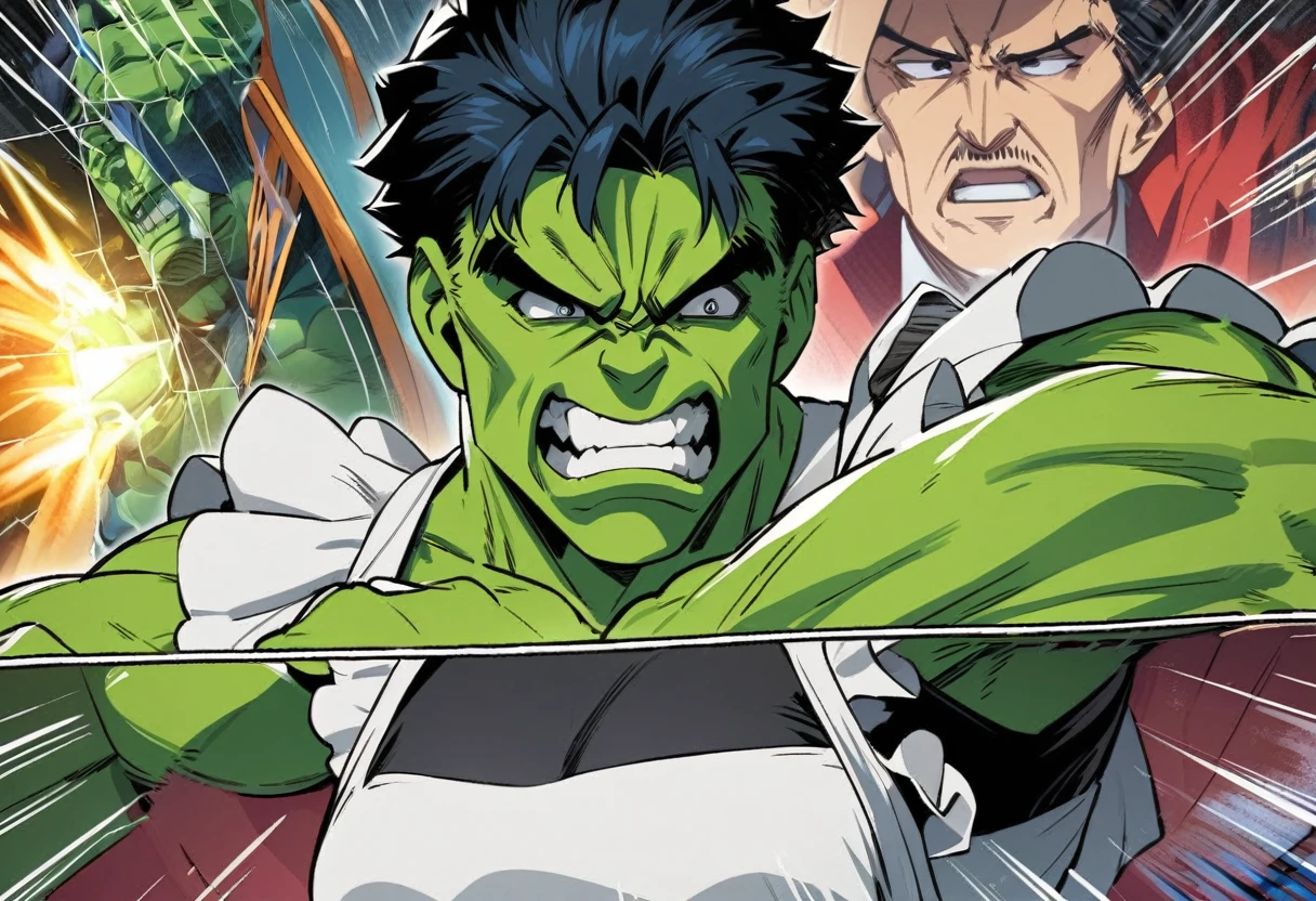 The Incredible Hulk wearing a maid outfit and looking confused, Doctor Strange is laughing, seperated from the Hulk by a magic barrier