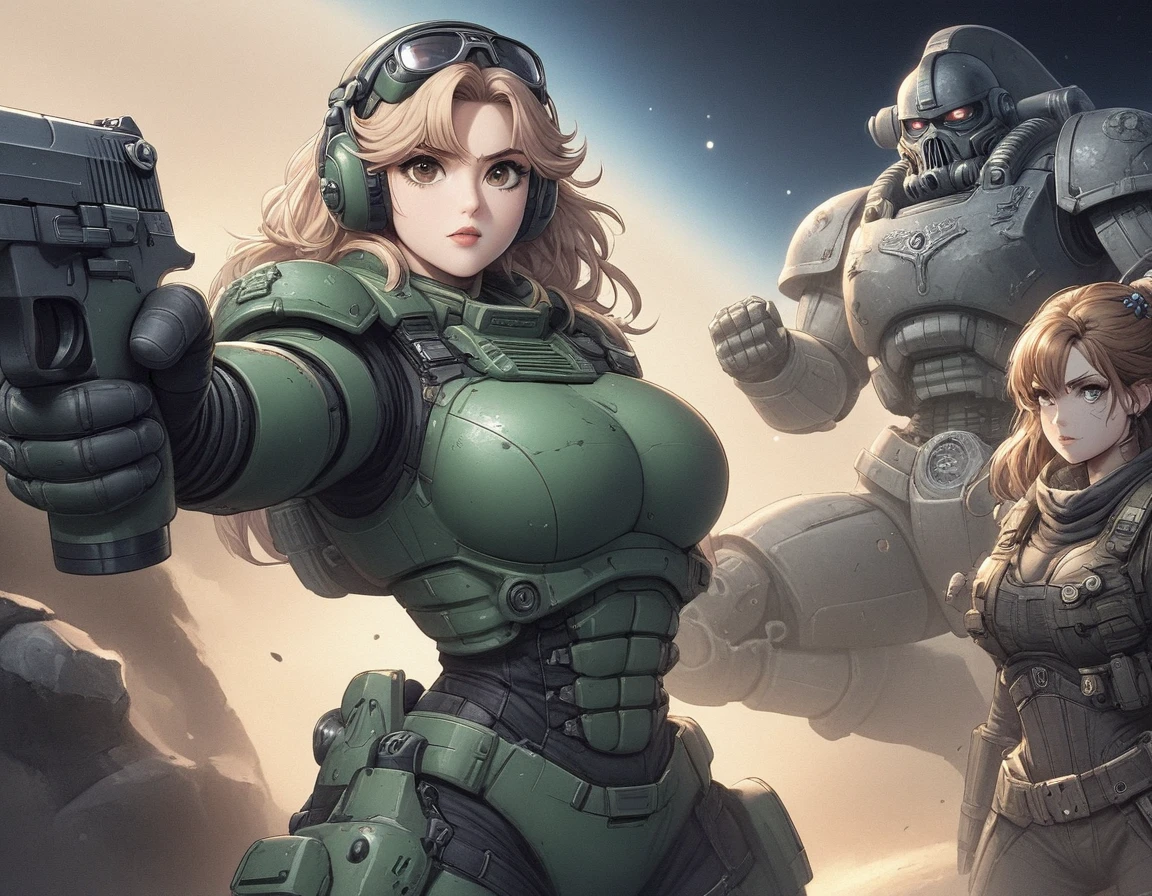 detailed illustration (side view),dynamic angle,ultra-detailed, illustration, pose for the camera, anime, clean line art, shading, woman, Big strong woman, wearing power armor, hand outstretched towards camera, fighting, rescuing viewer, helmet off, no helmet, beautiful woman, beautiful face, caring face, concerned face, female space marine, warhammer space marine, women space marines, in heavy power armor, warhammer 40k power armor, bulky build, muscles, buff, dommy mommy