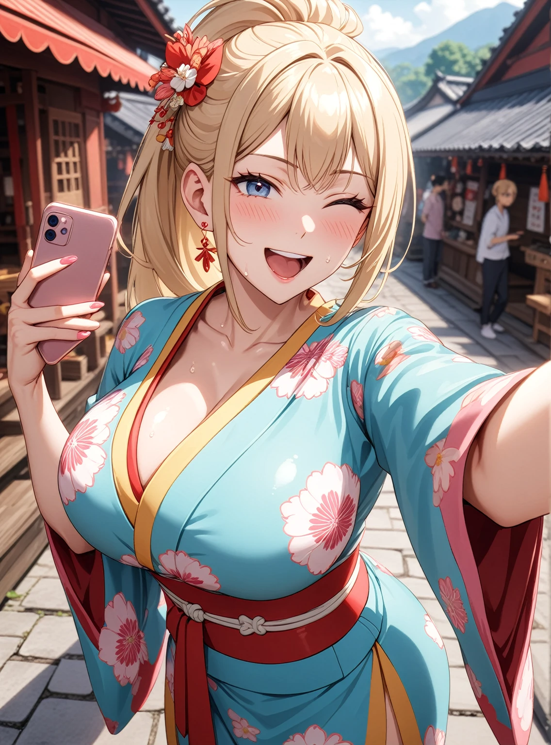 ((One woman)), Beautiful Face,Laughing embarrassedly,((Wink:1.6)),Laugh with a big mouth,(Taking a selfie with your boyfriend using your smartphone),Become bright red,Sweat on the face,Glossy pink lips,Daytime,Shrine festival stalls, ((Anime style background)),masterpiece, highest quality, so beautiful, up to date, Complex details, (Pink long nails),AI-generated, Complex,High resolution, highest quality, super high quality,3D Images、View the viewers、3D Images,one person,Long Blonde Hair,High Ponytail,blue eyes,Anime woman posing for a photo, [[Fine grain、Colorful eyes、Shining Eyes:1.15]],(Squint your eyes:1.1),a hyperRealistic , hyperRealistic , Realistic,Blonde anime woman with long hair, Smooth anime CG art, A woman in a colorful kimono with gold embroidery, (Yellow kimono),Pink floral pattern,Long flower hair ornament,Big earrings,(Large Breasts:1.2),A valley covered with kimono,Mature Body,tall,Big Ass,Fine details,Narrow waist,Six-pack,Photographed from diagonally above,looking at the camera