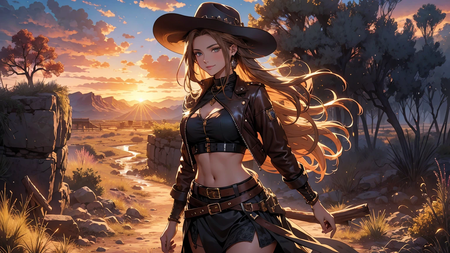 Genshin Impact Anime-Kunst: ((Meisterwerk: 1.2, 16k, super detail, beste Qualität, genau, hohe Auflösung, gute Qualität)), (HINTERGRUND), Junges süßes Cowgirl, age 18, Supermodel, lächelnd, kurze braune Lederjacke mit offener Vorderseite, Cowboy-Gürtel, brauner Cowboyhut, Lederstiefel, geflochtenes Haar, elegante Haltung, elegantes Cowgirl im Rampenlicht, illustrative Stilinspiration von Charles Marion Russell, , Stärke, Vertrauen, Ganzkörperportrait, Stehen, Topmodel-Pose, verführerischer Ausdruck, Volle Brüste, enges Shirt, Taille, schönes lateinamerikanisches Mädchen, Blick auf die Zuschauer, Schönes und charmantes Mädchen, perfekt sauberes Modelgesicht, Exquisite Gesichtszüge, detailliertes Gesicht, Klare Mimik, langes, welliges Haar, Farbverlauf-Haar, Schöne, detaillierte Augen, durchdringende und bezaubernde Augen, Üppige Lippen, schöne, detaillierte, glänzende Lippen, rosige Wange, bezauberndes Lächeln, perfekter Körper, Schlanke Taille, Dynamische Posen, Solo-Mädchen, Wild-West-Kulisse, Ebene des amerikanischen Westens, weiter und warmer alter Himmel, der Sonnenuntergang, eine Wüste mit trockenem Boden und spärlichen Dornbäumen, Rocky Mountains, gewundener Fluss mit Vegetation an den Ufern, rostige Eisenbahnstrecke, Steinformationen, Ruinen einer Bergarbeiterhütte, verfallene Eisenbahn, komplexer Hintergrund, sehr detaillierte Abbildung, Ultra-detaillierte CG, professionelle Kunst, lebendiges Erscheinungsbild, RAW-Foto, (Eine majestätische Vision), (dramatisches Foto:1.4), filmisch, (HDR:1.5), (komplizierte Details:1.1), natürliche Farben, herrliche Lichteffekte, (dramatisches Licht), (Filmische Beleuchtung), epischer und surrealistischer Anime, detailed Anime digitale Kunst, Anime digitale Kunst, hochwertiger Anime-Art-Stil, preisgekrönt,