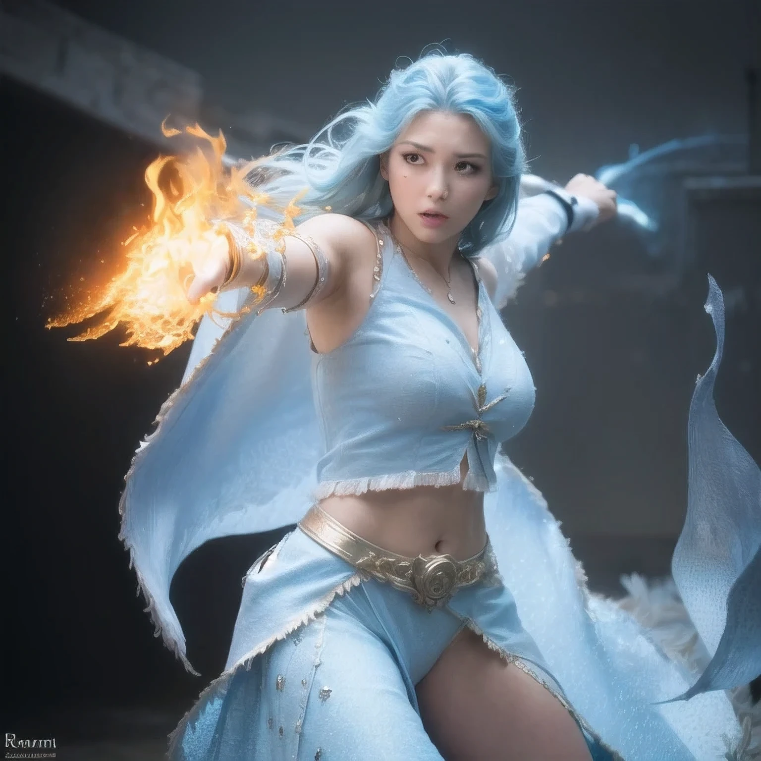 Es gibt eine Frau mit blauen Haaren und einem weißen Kleid, die ein Feuer hält., Eiszauberin, die Zauberin wirft einen Feuerball, Fantasy-Charakterfoto, Feuerzauber wirken, (octane render) Fantasy-Stil, Eis und Feuer, eine Zauberin, die einen Eisball wirft, realistische Fantasie rendern, Sie hat Feuerkräfte, Eismagier, Fantasie-Fotoshooting