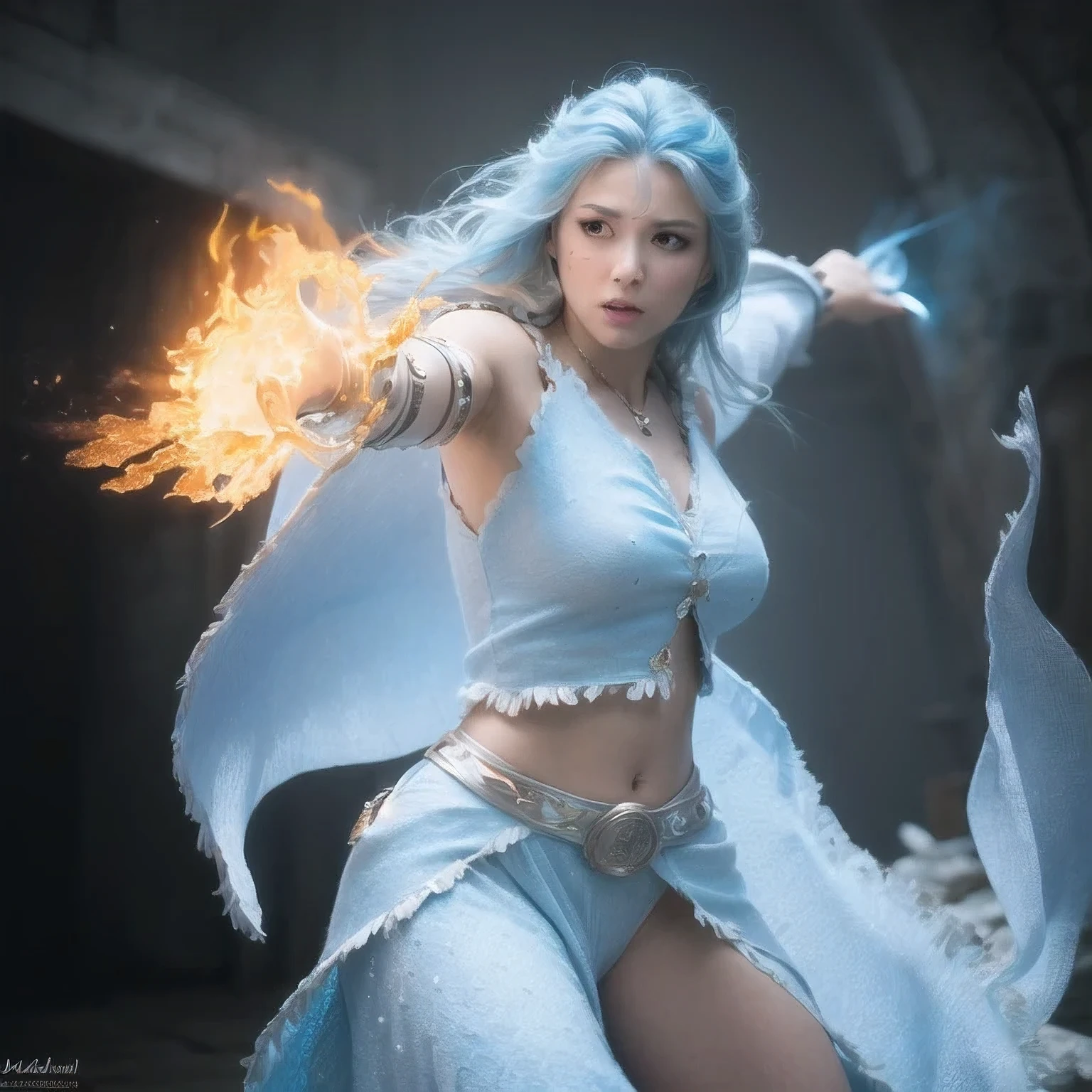 Il y a une femme avec des cheveux bleus et une robe blanche tenant un feu., sorcière des glaces, la sorcière lance une boule de feu, Photo de personnage fantastique, lancer un sort de feu, (rendu d&#39;octane) style fantastique, Glace et feu, une sorcière jetant une boule de glace, rendu fantastique réaliste, elle a des pouvoirs de feu, mage de glace, séance photo fantastique