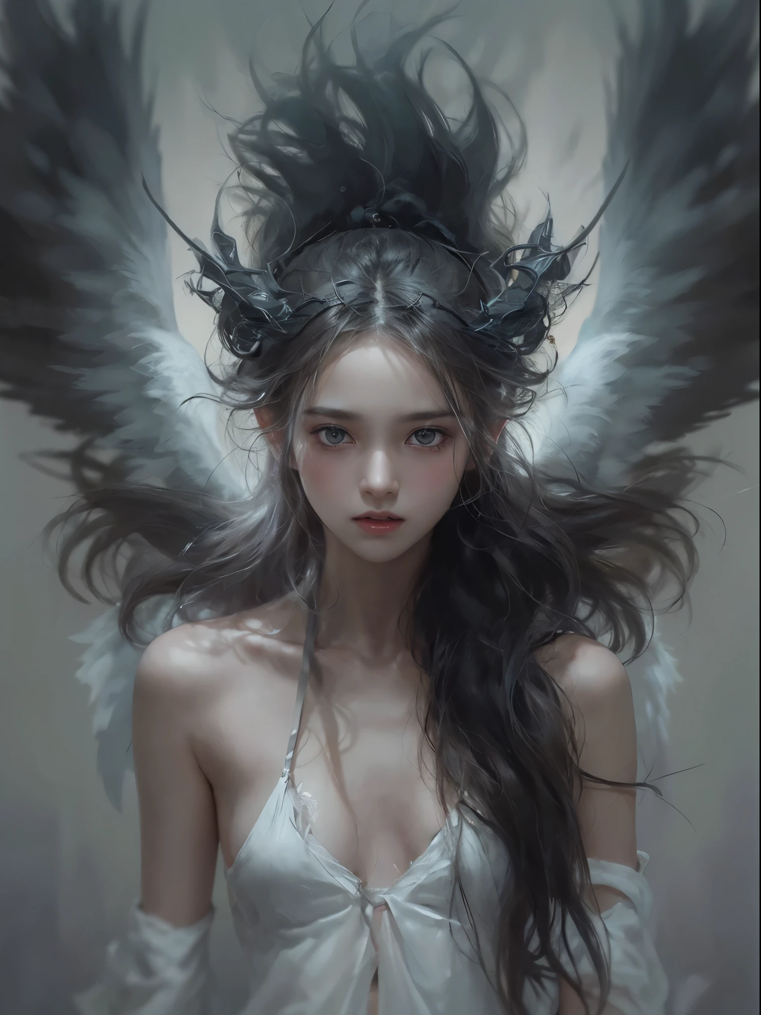 (white color concept:1.0),a girl like doll with devil wings, archdevil, nearly naked, thin body, skinny, small breasts, flat chest,  body, tiny tits, from the navel up, devil crown, dragon horn, looking down at camera, (no hands),(Highest quality authentic textured skin),(Fine, Round, Symmetrical eyes),Delicate facial features,(Burning bright and cold eyes), very slim and thin body, naked, nude, (She has a mischievous sadness on her face),(Her face is gentle and beautiful),metal earrings on the ears,(dark hair),(silvery hair),(Dramatic photo:1.4),(dramatic pose),(flamboyant photo), downturned eyes, downward glance, A messy painting，(Hair flows in air:1.5),(Vortices and tidal currents in the background),(Dramaticlight),(Magnificent scene),(Surrounded by black feathers),Epic realism,Cinematic feeling,(high-density imaging review:1.5),Ultra detailed,Dramaticlight,(intricately details:1.1), complex background, darkness background, fractal background,(mighty fangs:1.2)